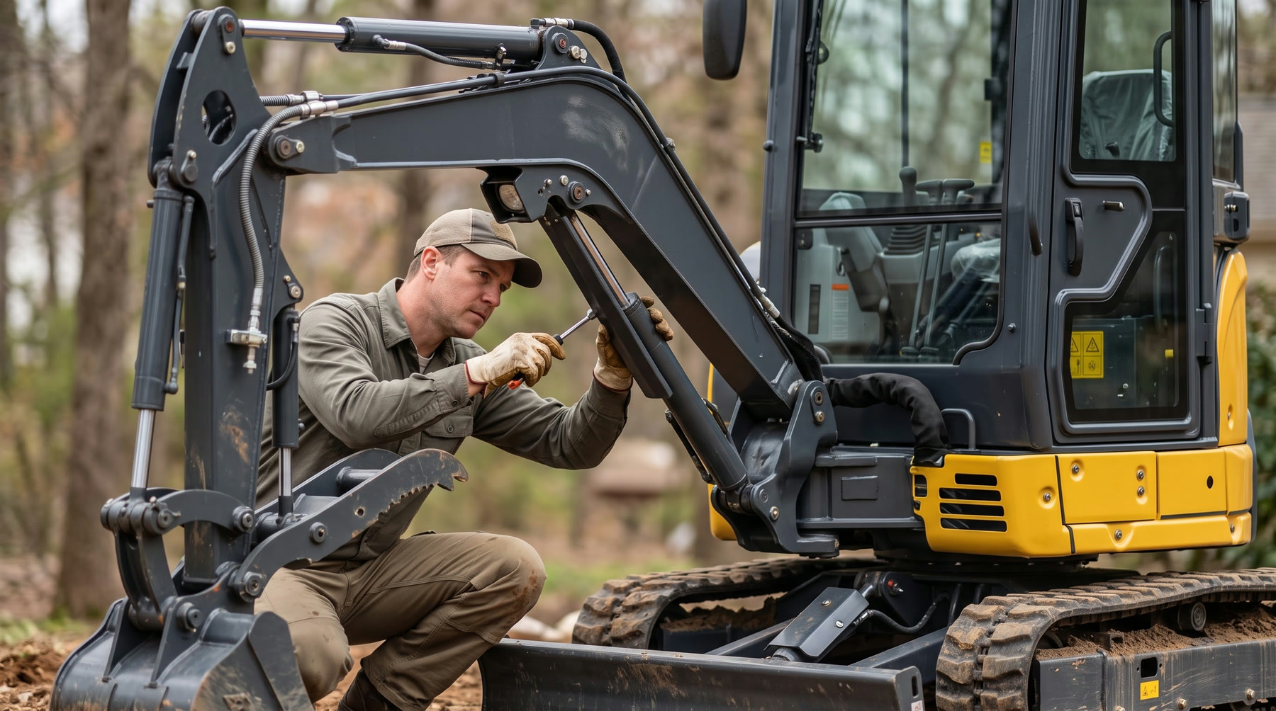 Technician servicing a compact TOUGHNEER excavator